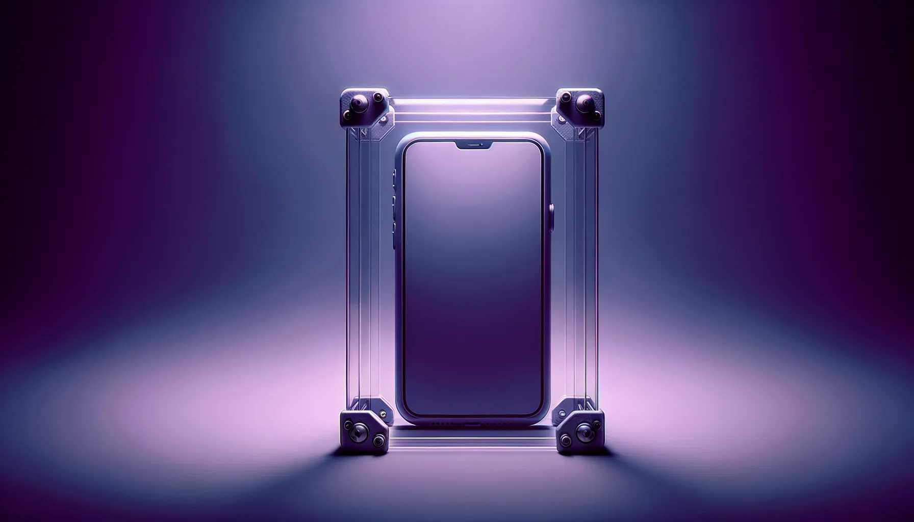 Minimal illustration of a protective shield transforming into surveillance camera in purple tones representing how protection measures create surveillance infrastructure