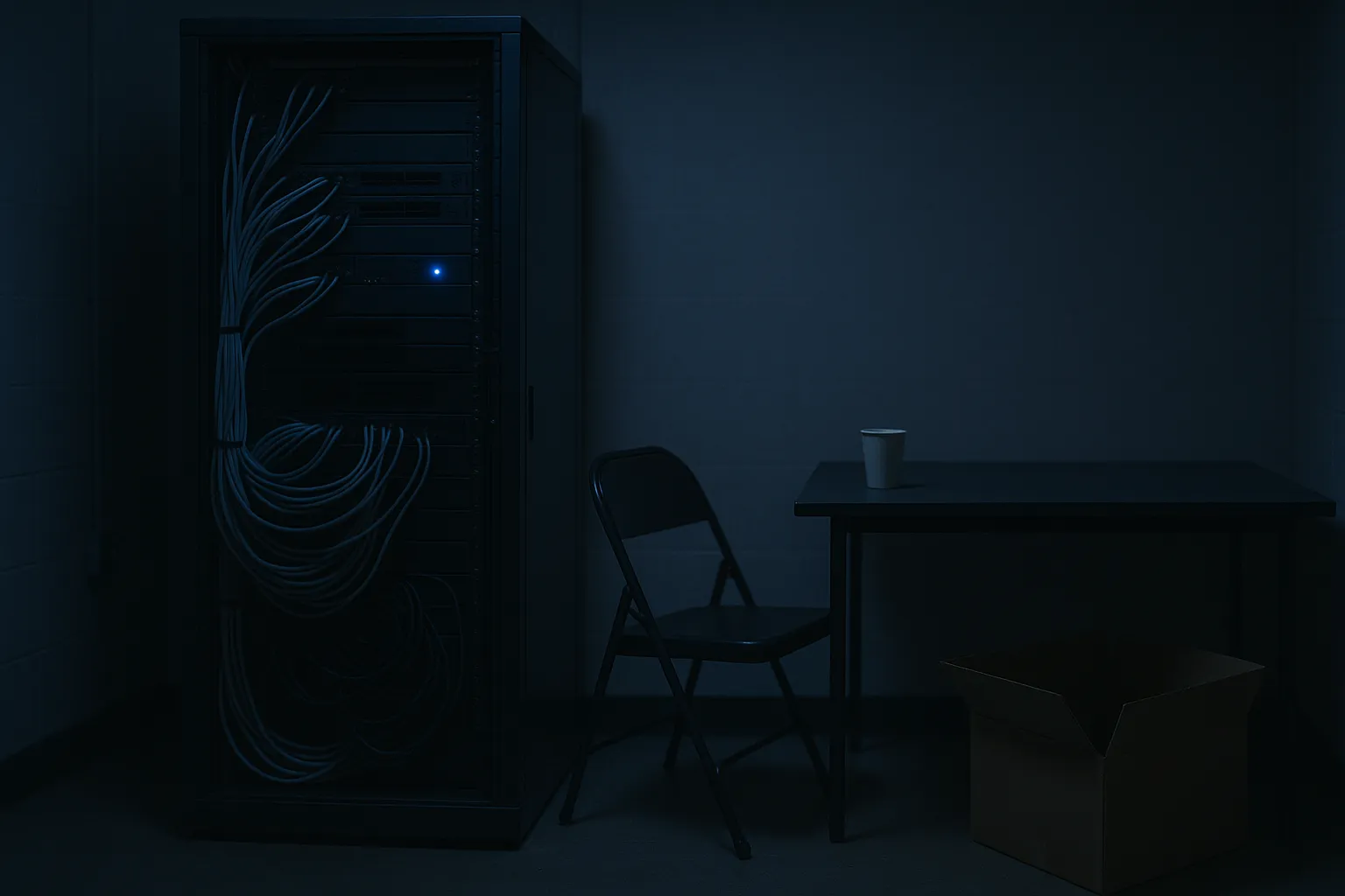 A dim volunteer run server room with a single rack, most status lights dark and one blue LED still lit, coiled network cables, a folding chair and an empty coffee cup beside a half packed box