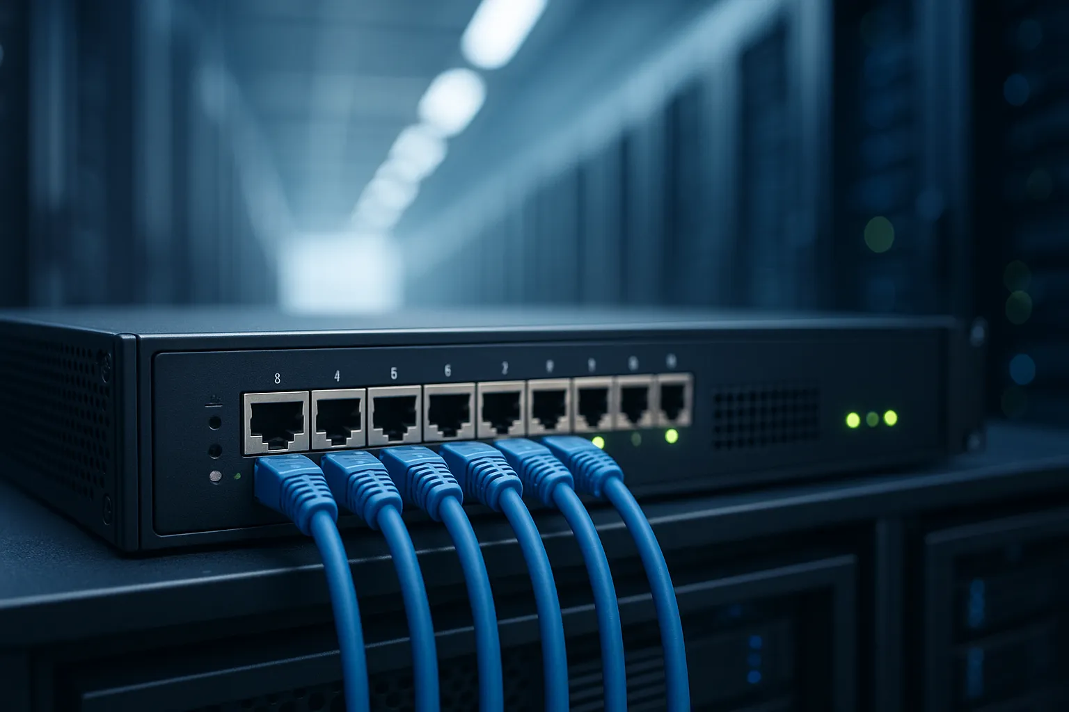 A rack mounted network security appliance in a data center aisle with blue ethernet cables plugged into its front ports