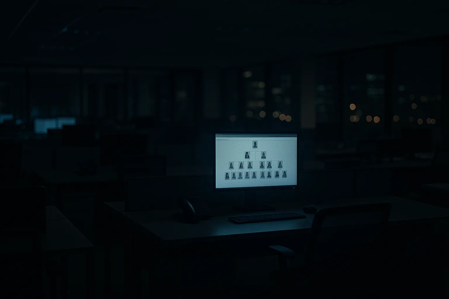 A dark empty open plan office at night with one lit monitor in the middle distance showing an employee directory and organisational chart