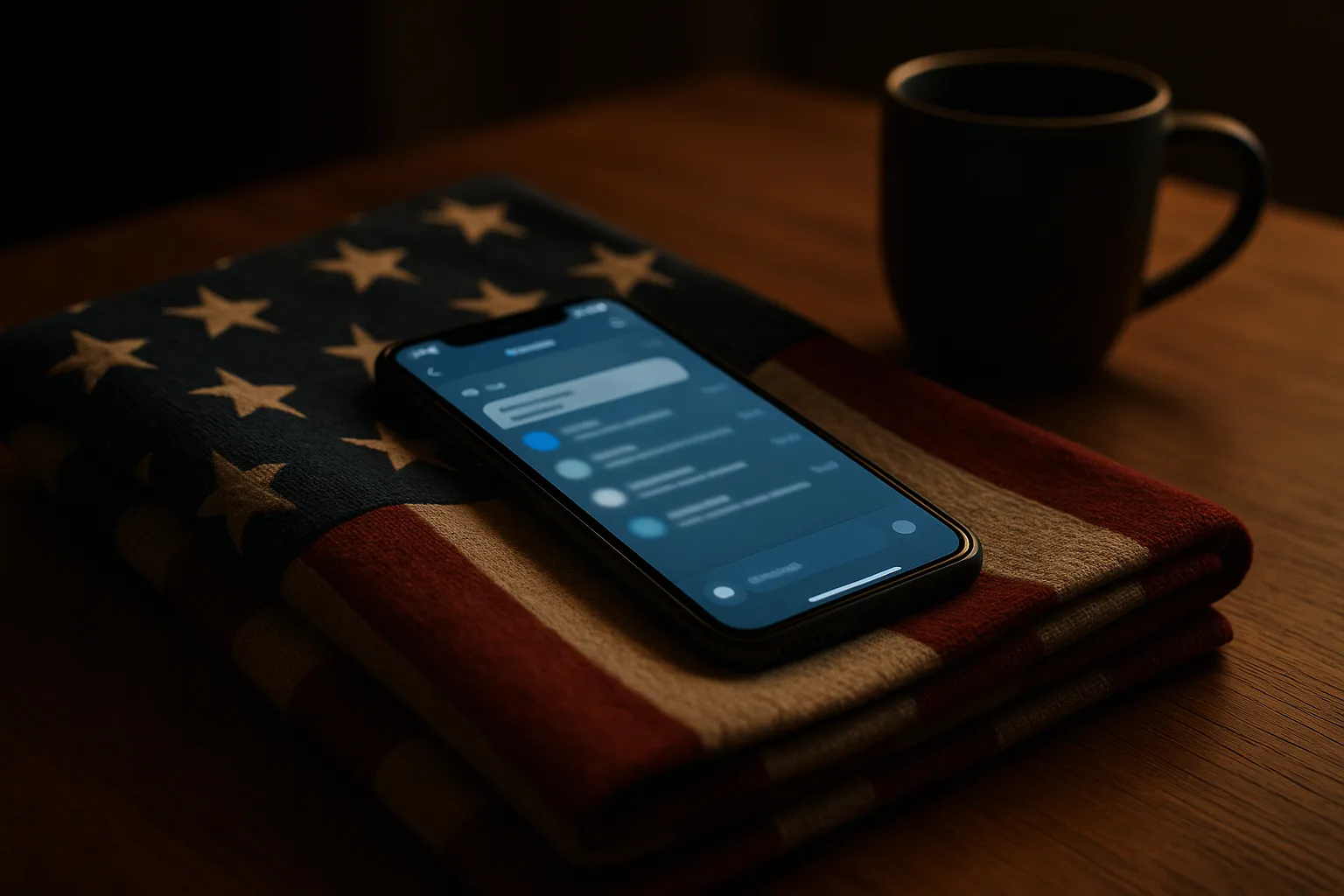 An editorial photograph of a smartphone resting on a US flag patterned blanket, screen glowing with a generic messaging app feed, representing a Telegram channel impersonating an American veteran audience