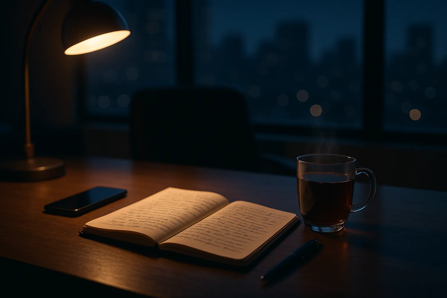 A newsroom desk at night with an open notebook, a phone lying face down, a cooling cup of tea and a window showing a dim city skyline