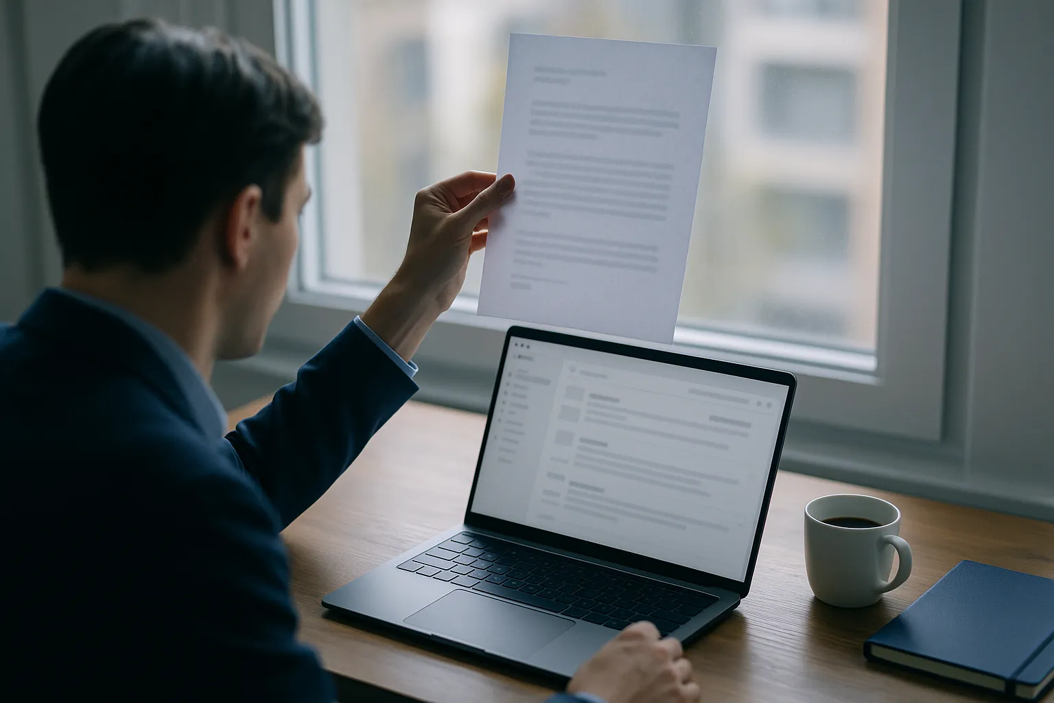 An office worker at a desk with a laptop, holding a printed page up to the window light