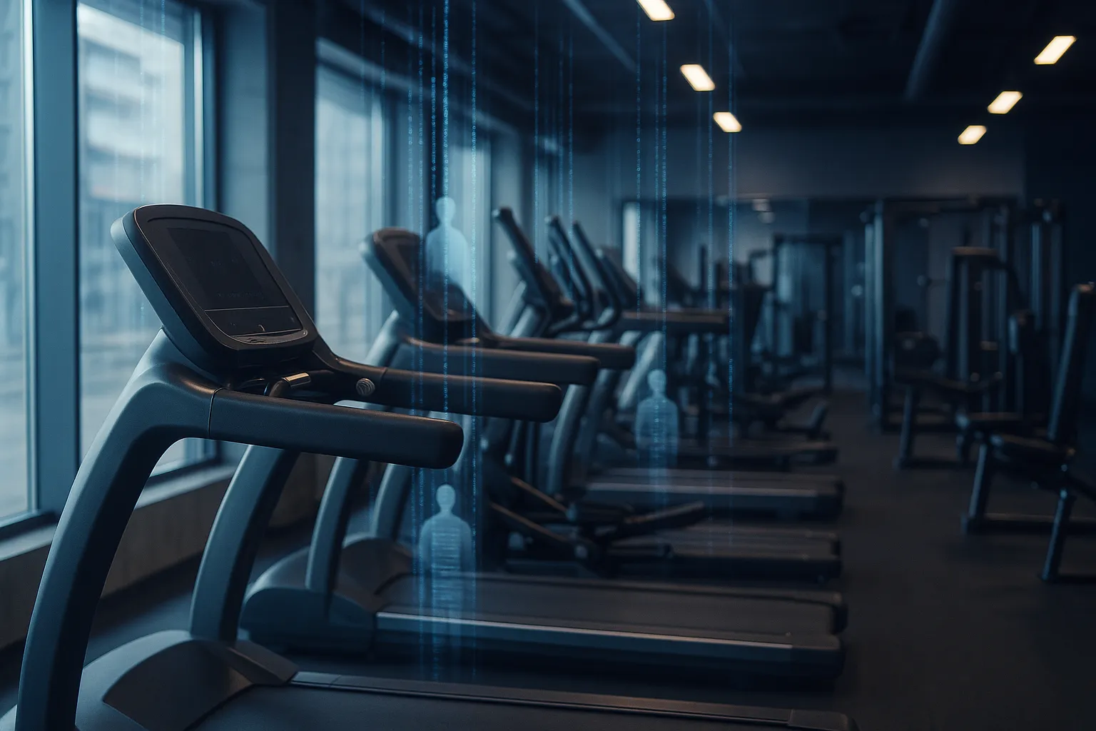 A modern European gym interior with translucent data streams flowing away from exercise equipment, symbolizing personal data being stolen