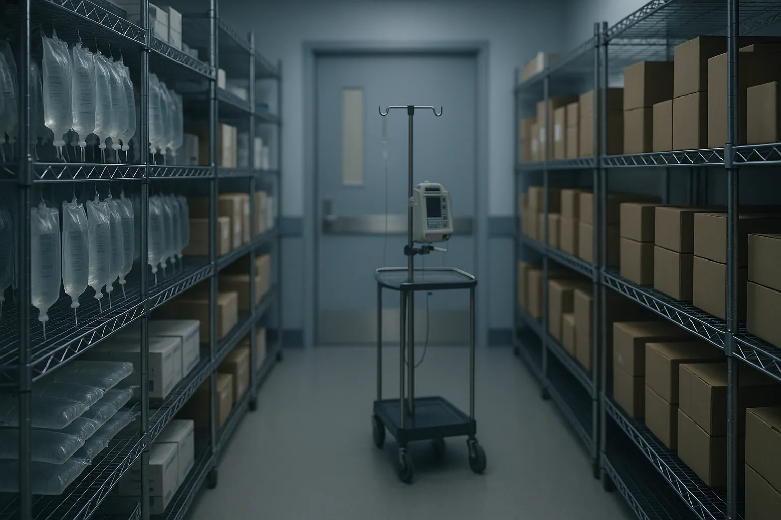 Hospital supply corridor with medical infusion equipment and IV stands under cool natural light, representing a medical products maker under breach investigation