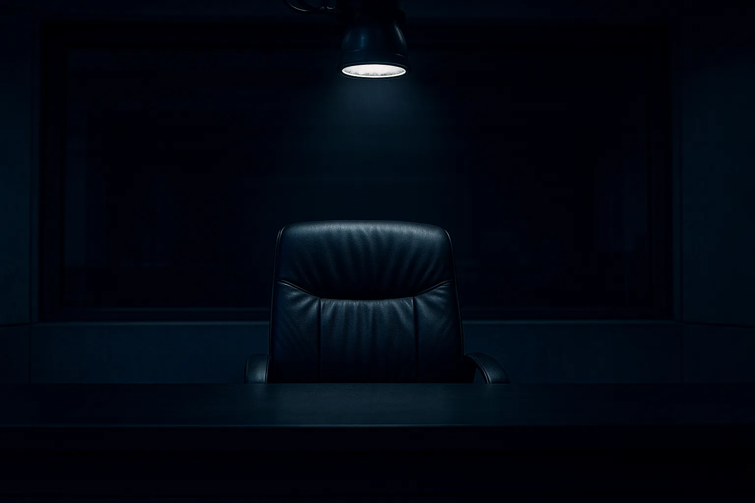 An empty television studio chair under a single overhead light with a darkened window behind, evoking state-controlled broadcasting and the surveillance of exiled journalists