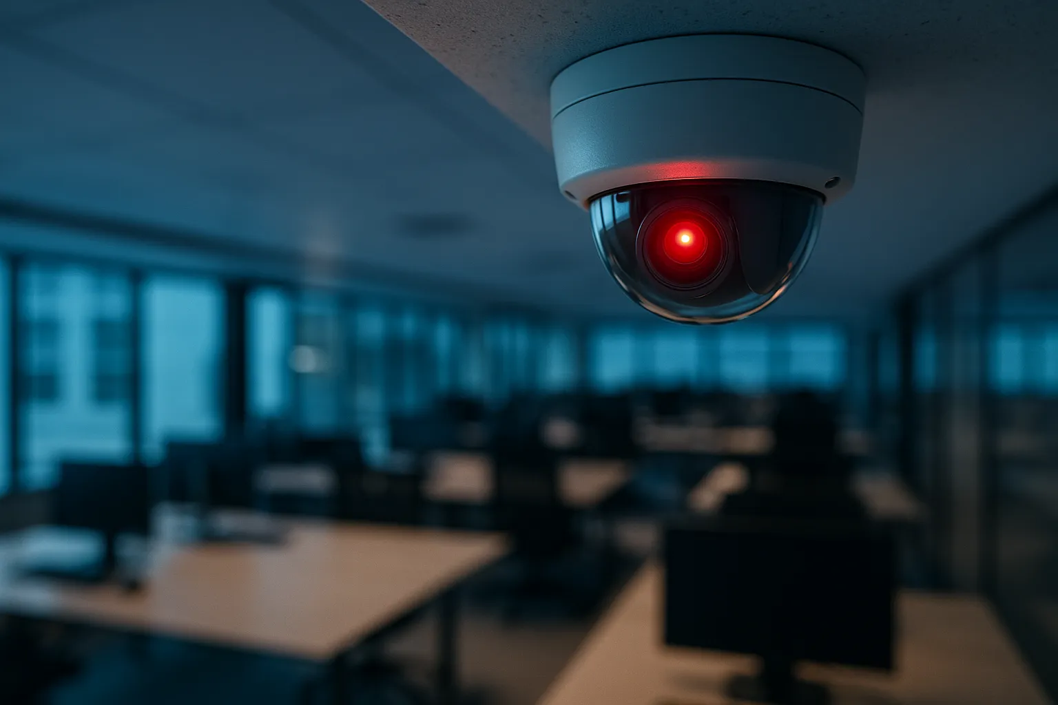 Office security camera with red indicator light overlooking a corporate workspace