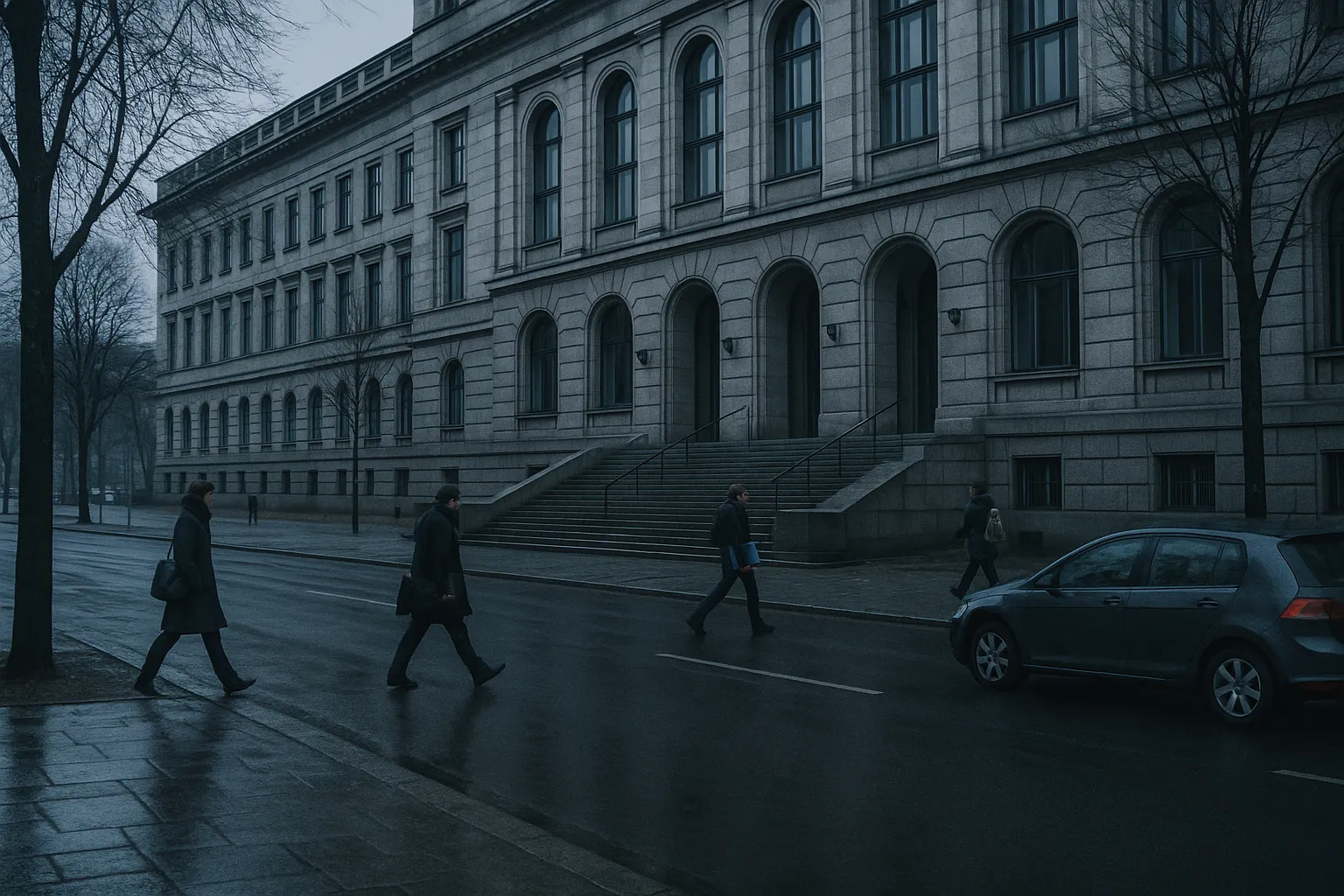 A grey overcast morning outside a large stone government administration building with tall arched windows, wet pavement and a few people in coats walking past carrying bags and folders