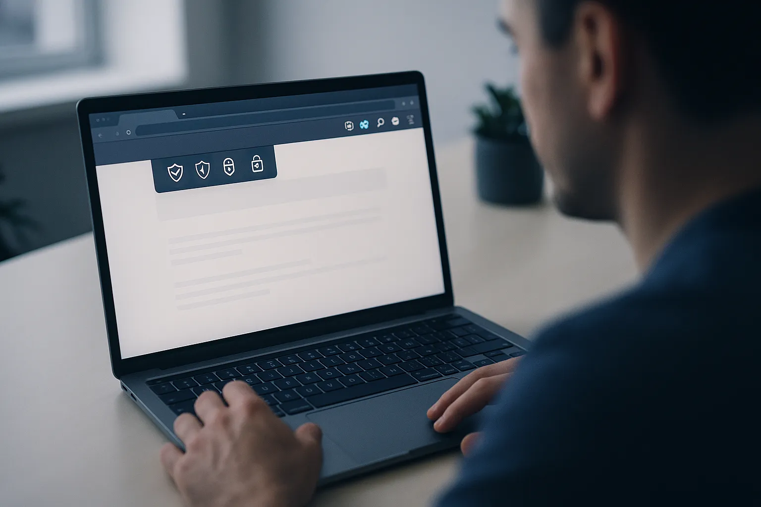Person at a laptop reviewing browser privacy extension icons and shield indicators on screen, representing a comparison of anti tracking browser extensions