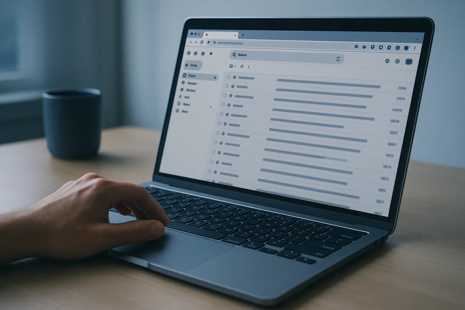 A laptop on a clean desk showing a browser with extension shield icons in the toolbar and a Gmail inbox open