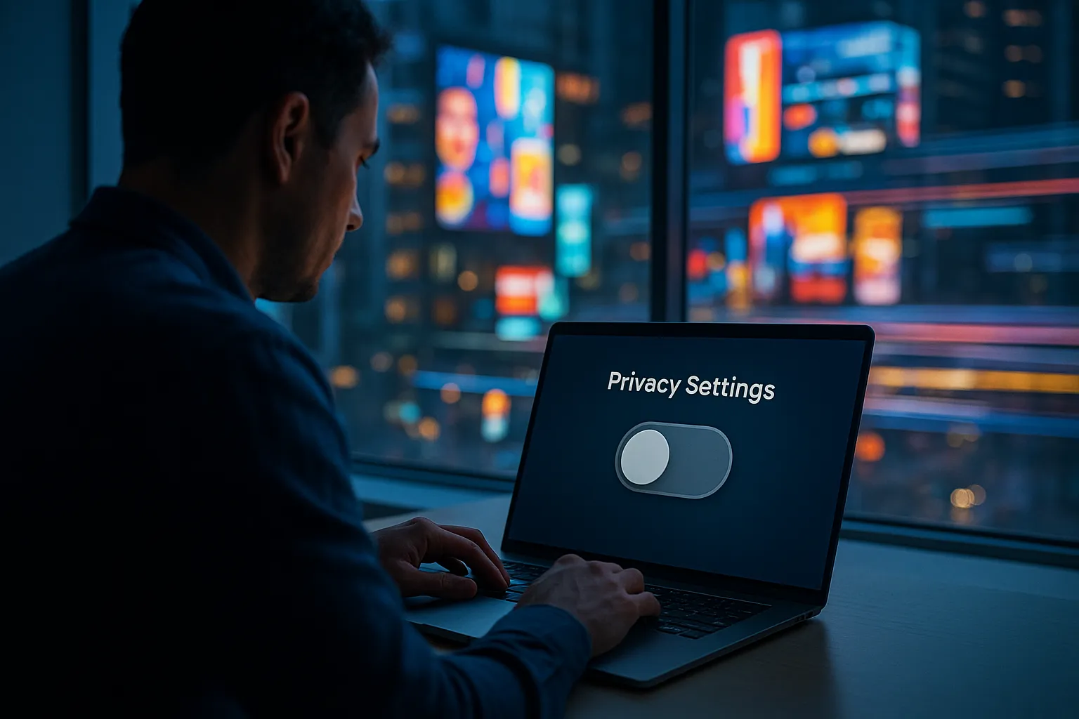 A browser window sending a privacy signal into a void while advertising billboards continue to glow around it
