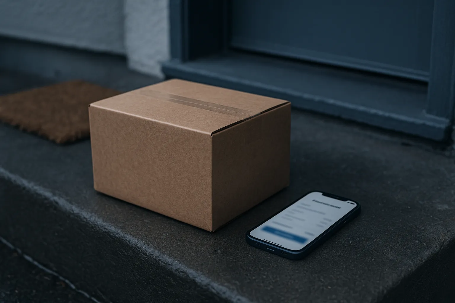 A cardboard shipping box on a front doorstep next to a smartphone showing a blurred order confirmation screen, under overcast daylight