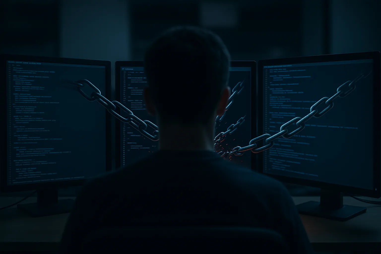 A developer workstation with terminal windows showing a package installation, representing the Bitwarden CLI supply chain attack