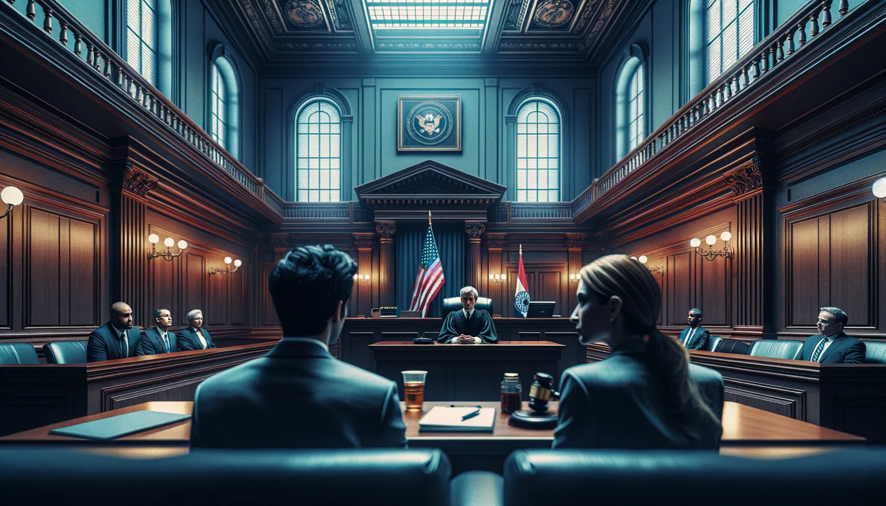 Federal courtroom scene where cybersecurity professionals face sentencing for ransomware attacks