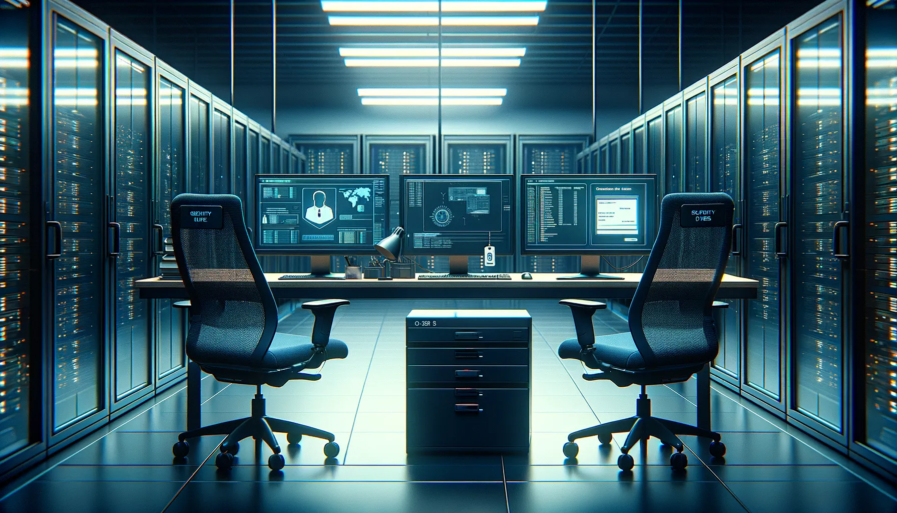 Two empty office chairs with security badges left on desks in front of computer monitors in a corporate environment