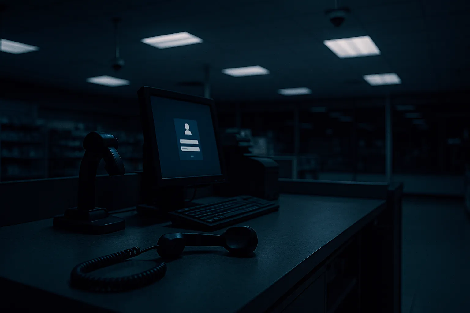 An empty retail checkout counter at night with a phone off the hook and a corporate login screen visible, representing the BlackFile voice phishing campaign
