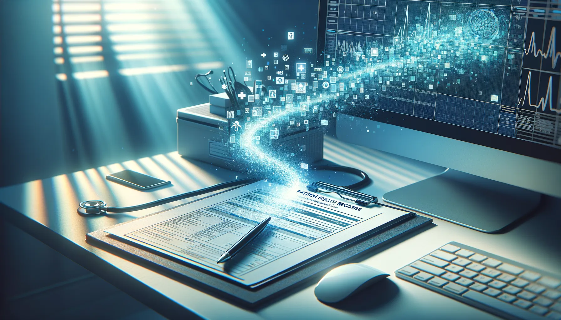 Medical clipboard with patient information casting a digital shadow toward the Google logo, symbolizing health data leaking to advertising platforms