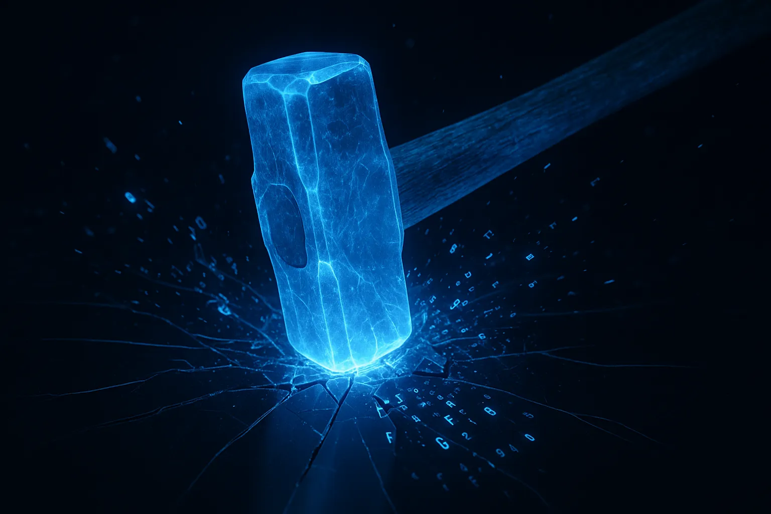 A glowing blue hammer shattering a dark digital surface with code fragments scattering