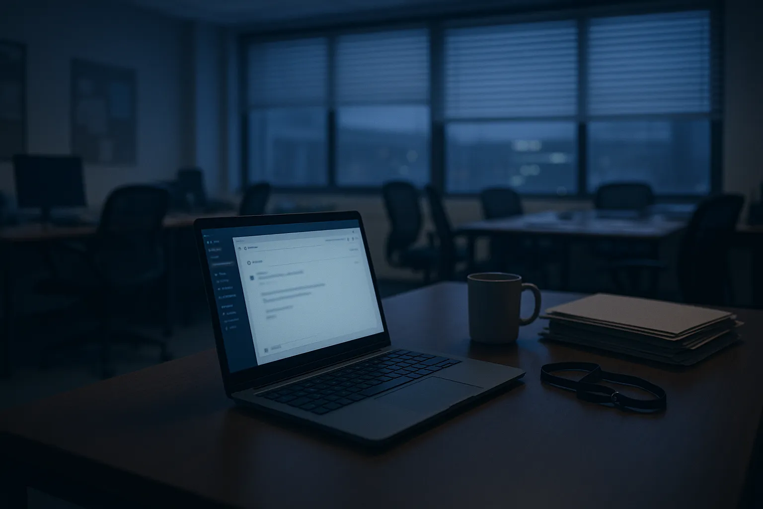 A dim open plan office late in the evening with one laptop still open on a desk, an out of focus mail client on screen, empty chairs and city lights through window blinds