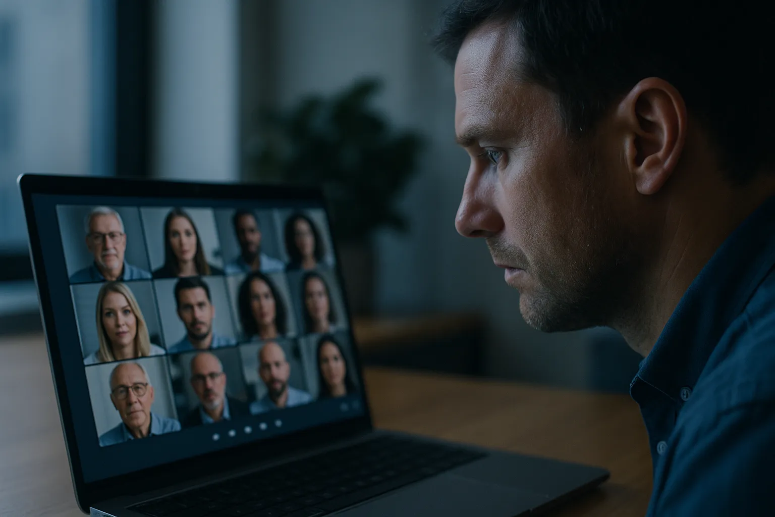 Laptop screen showing a video conference with multiple webcam tiles of participants, with subtle uncanny valley imperfections suggesting AI generated faces
