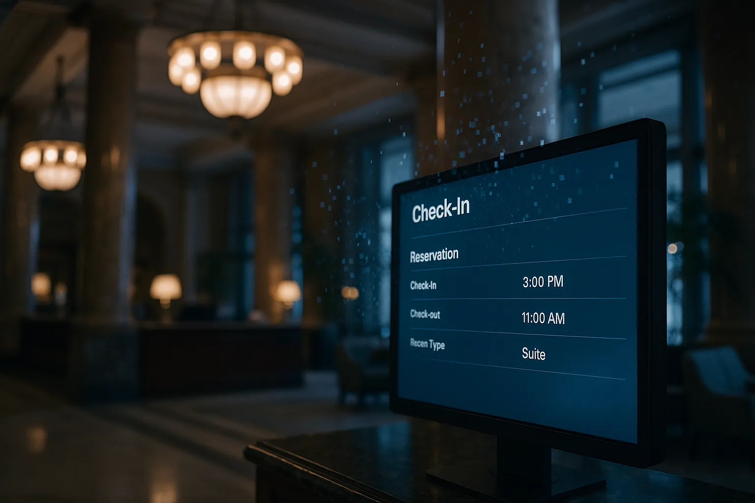 A hotel lobby with a digital reservation screen showing data fragments floating away, symbolizing a data breach