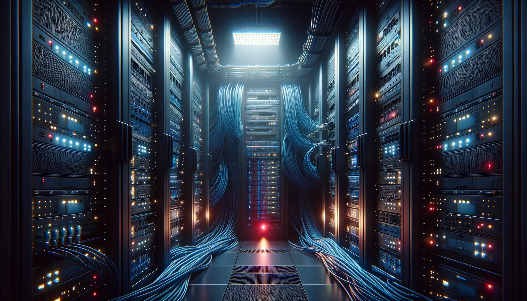 Dark server room with telecom equipment and glowing fiber optic cables showing hidden surveillance presence