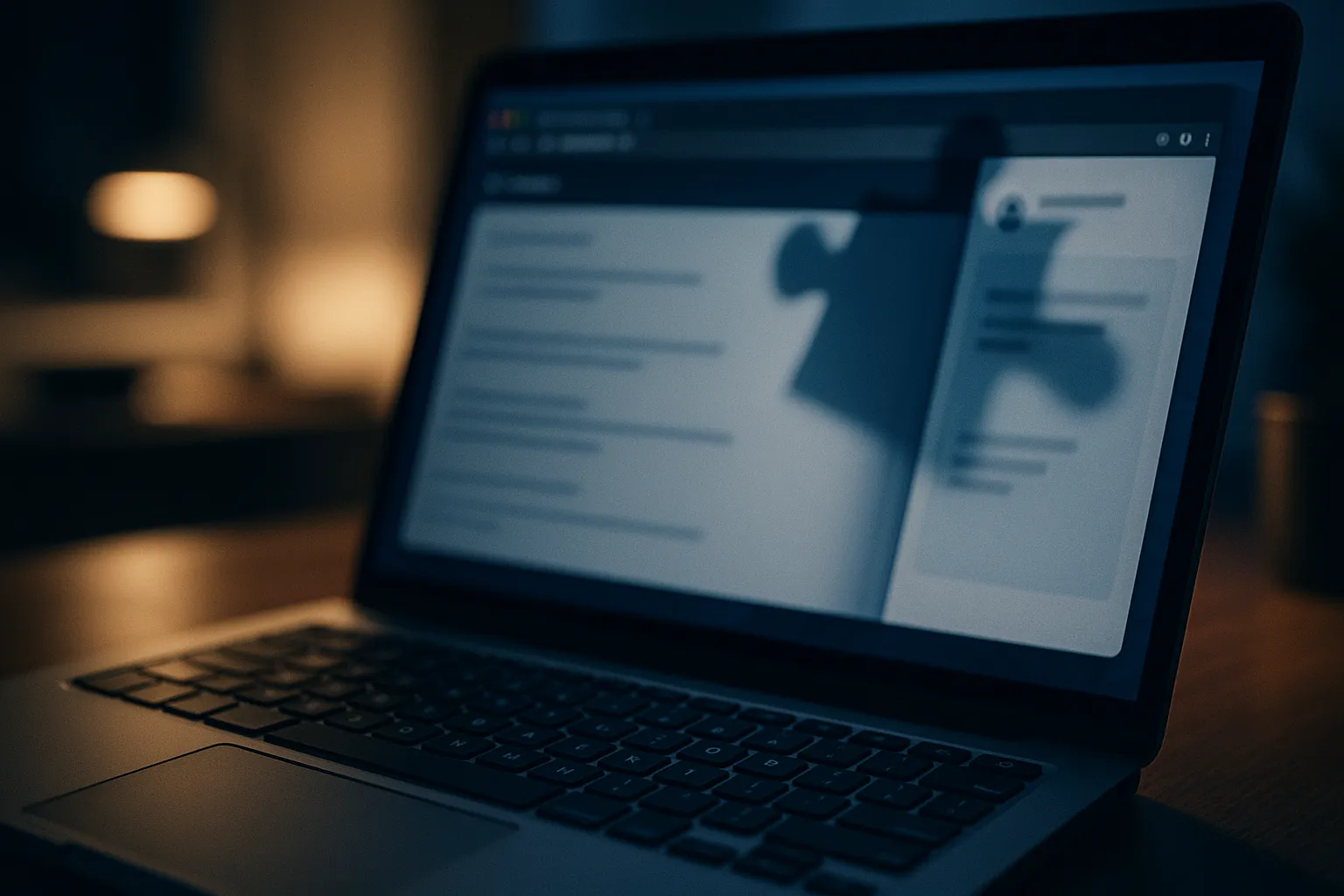 Close up of a laptop keyboard and screen in a dim home office, a browser window with a blurred AI assistant side panel, and a puzzle piece shaped shadow falling across the screen