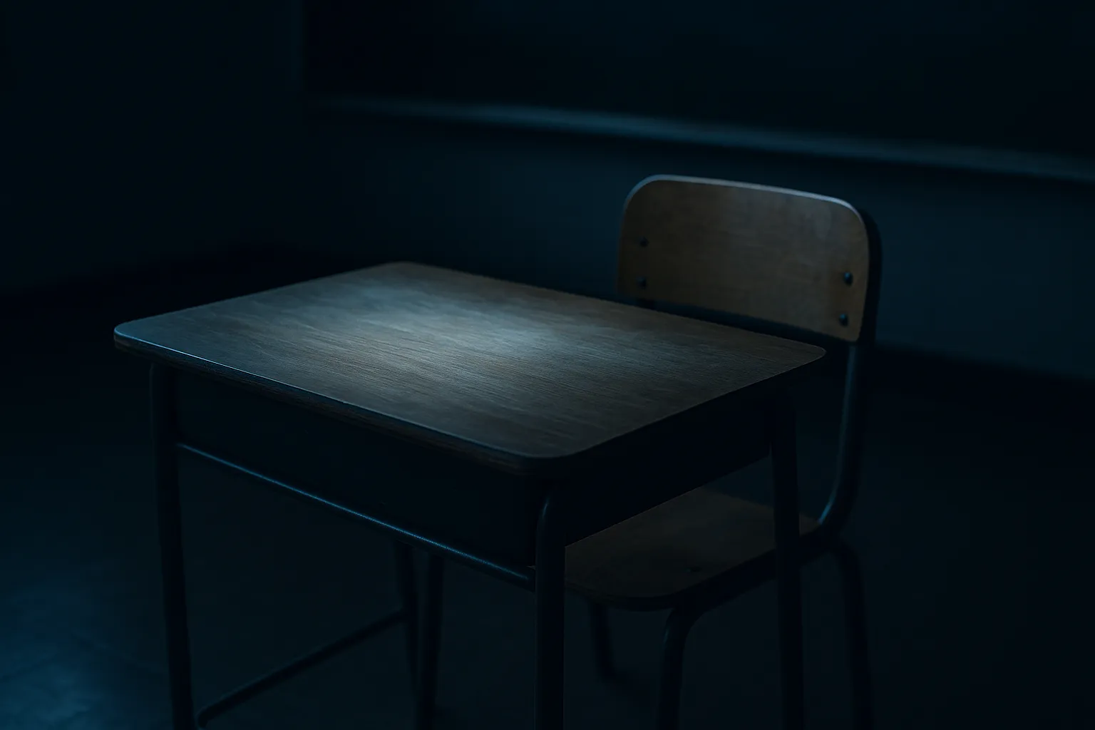 Empty children's school desk illuminated by soft blue light, representing protection of children's data in digital spaces