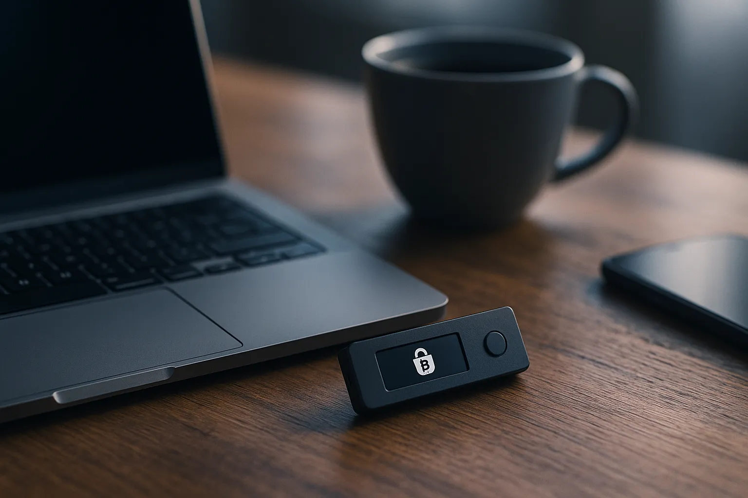 A small black hardware cryptocurrency wallet on a dark wooden desk beside an open laptop, a coffee cup and a phone, lit by soft low light