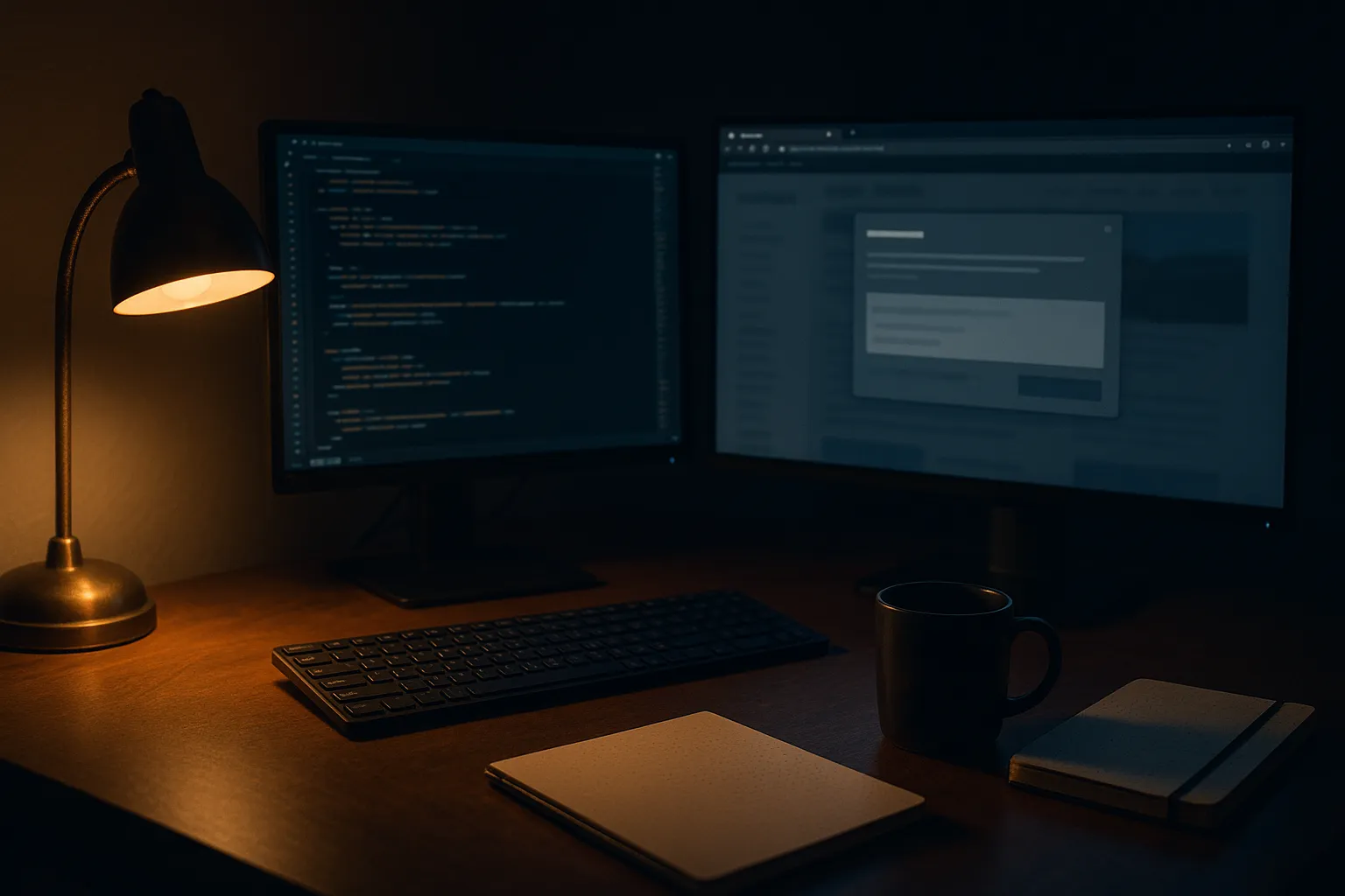 A web developer's dual monitor desk at night, one screen showing blurred source code and the other a browser page dimmed behind a large popup overlay, lit by a desk lamp