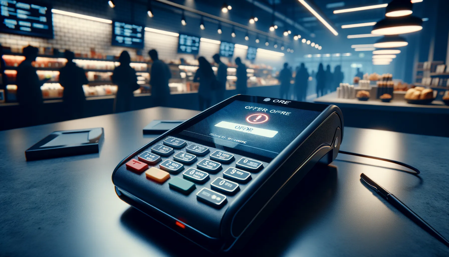 Payment terminal showing offline status in a retail environment