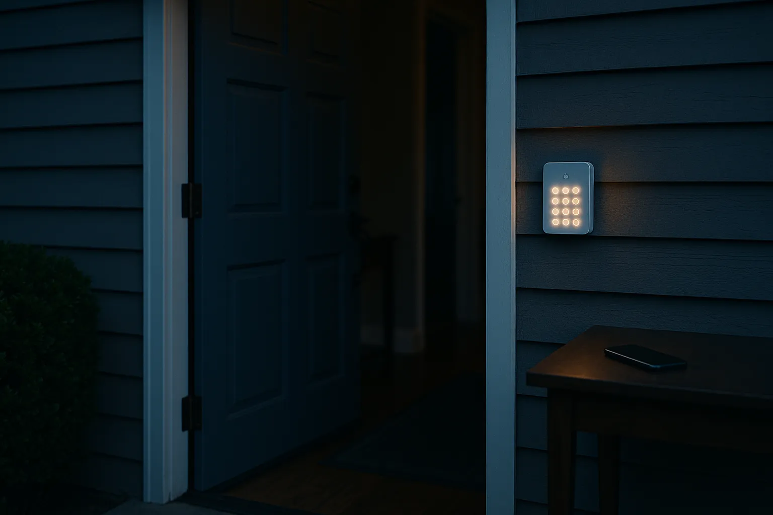 A residential front door at dusk with a glowing home security keypad panel mounted beside it and a smartphone face down on an entry table inside
