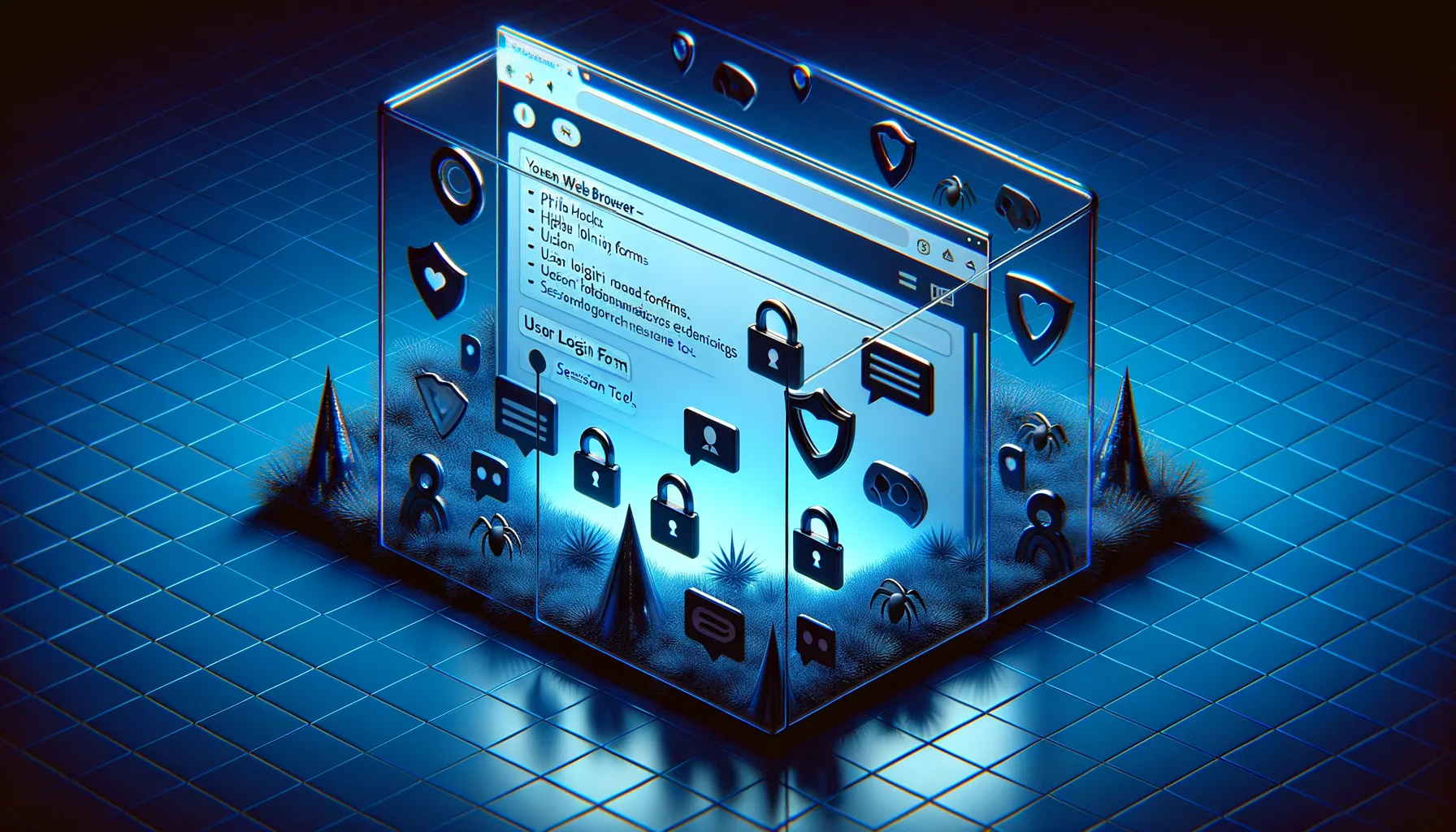 A modern web browser window with cyber threats visible beneath its transparent surface, representing browser based attack vectors