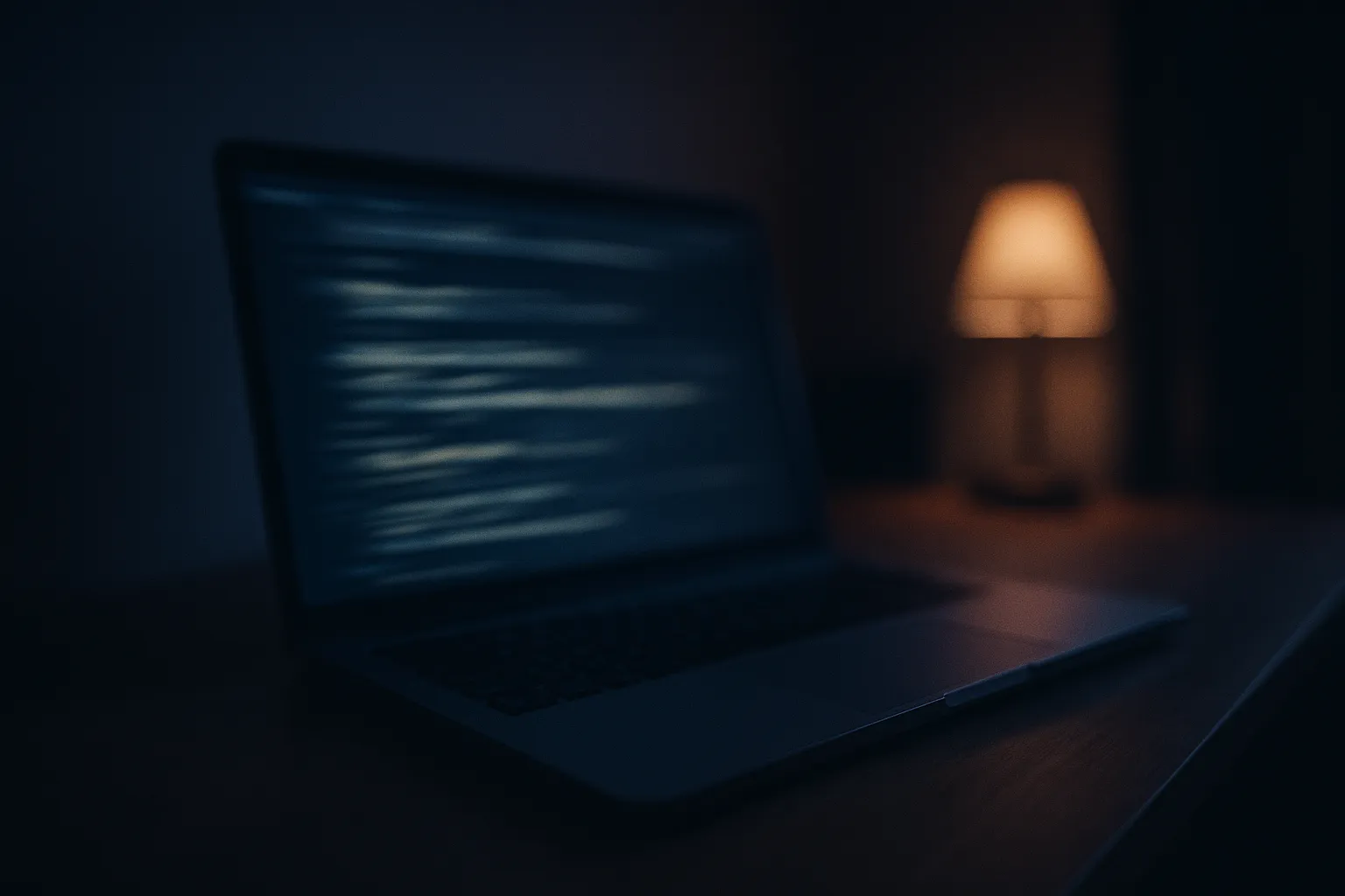 A blurred wide angle photograph of an open laptop on a desk in a dim room, with abstract motion light trails across the screen surface