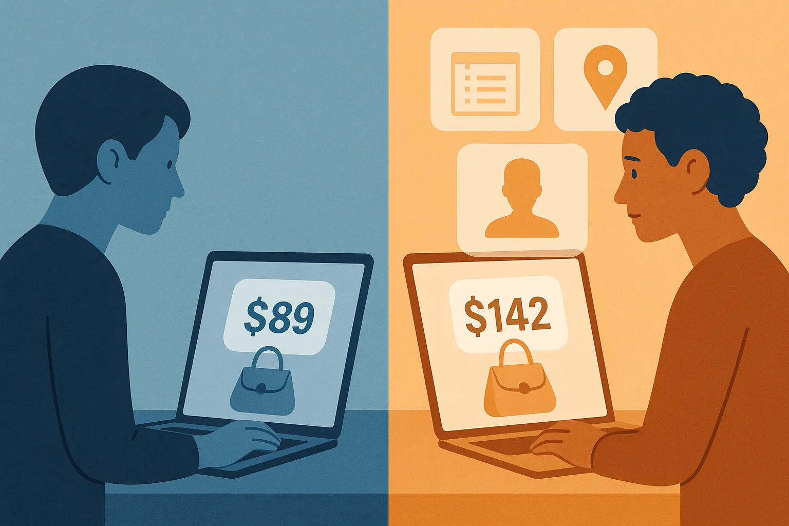Split screen showing the same product displayed at two different prices on two different shoppers' screens, with data overlays showing browsing history and location being used to set the higher price