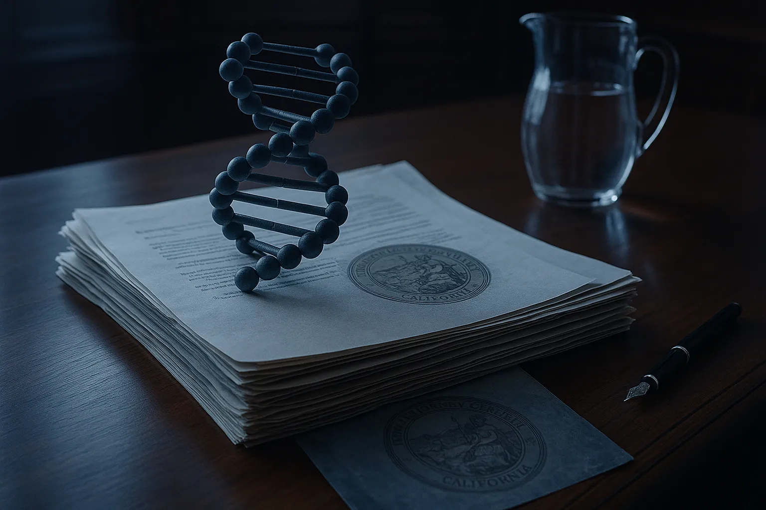 A DNA double helix model resting on stacked court documents and a brass California Attorney General seal on a polished wooden table