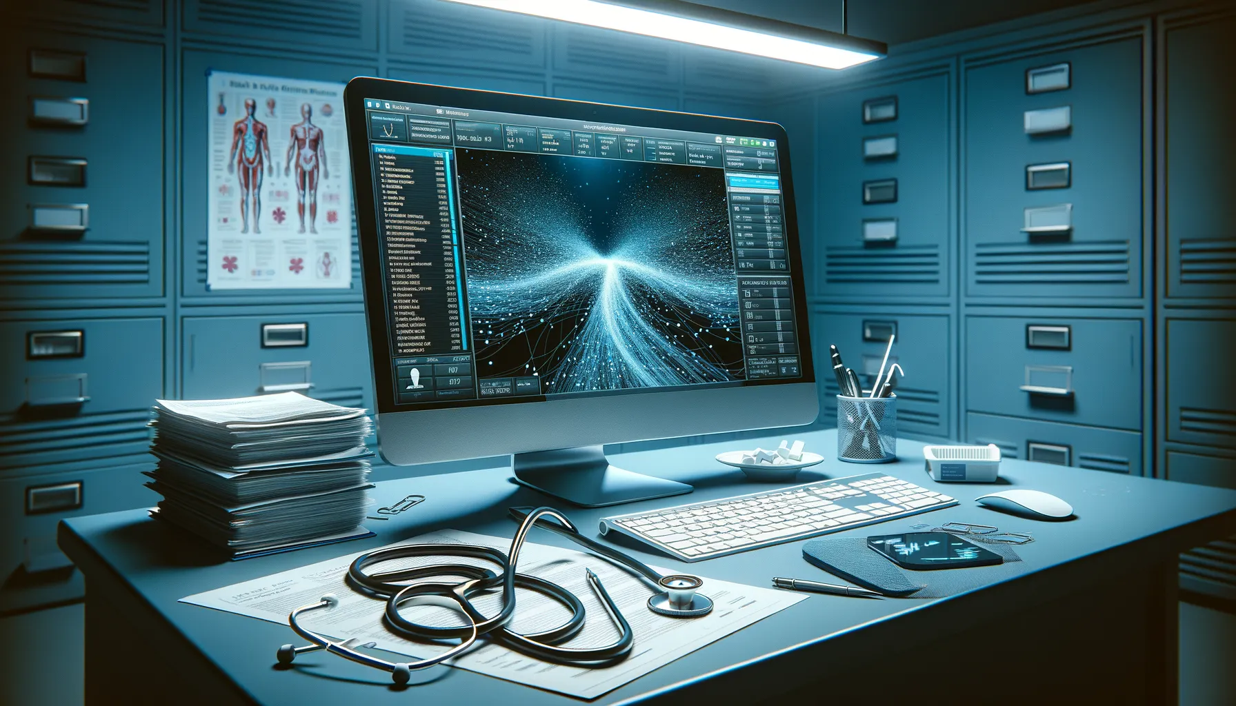 Medical office computer screen with patient data records and network cables