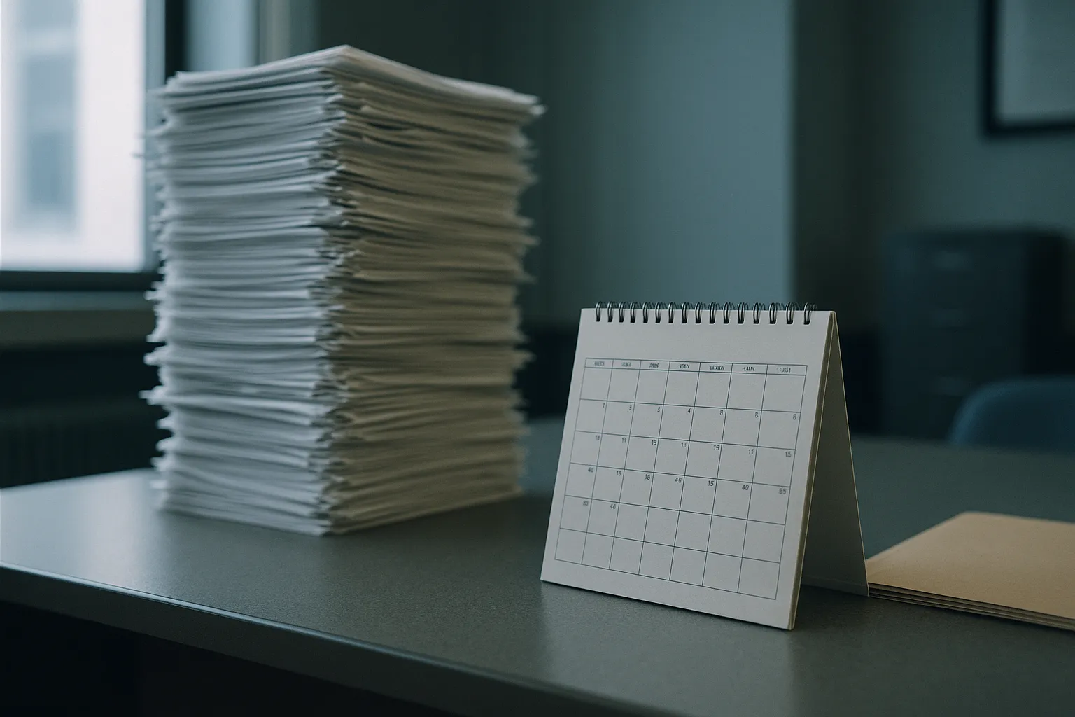 A tall stack of paper request forms sitting on a government office desk beside a desk calendar, shot in shallow depth of field, representing a backlog of consumer deletion requests against a compliance deadline