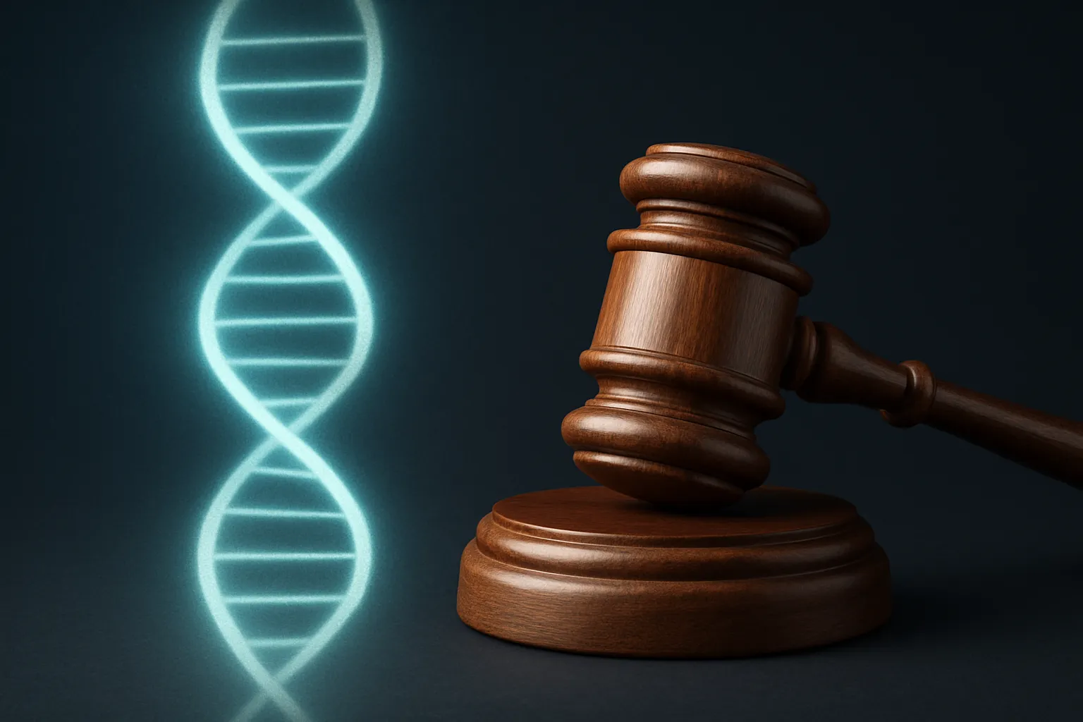 A close-up of a DNA helix visualization on a screen next to a courtroom gavel, representing the California lawsuit over the 23andMe genetic data breach