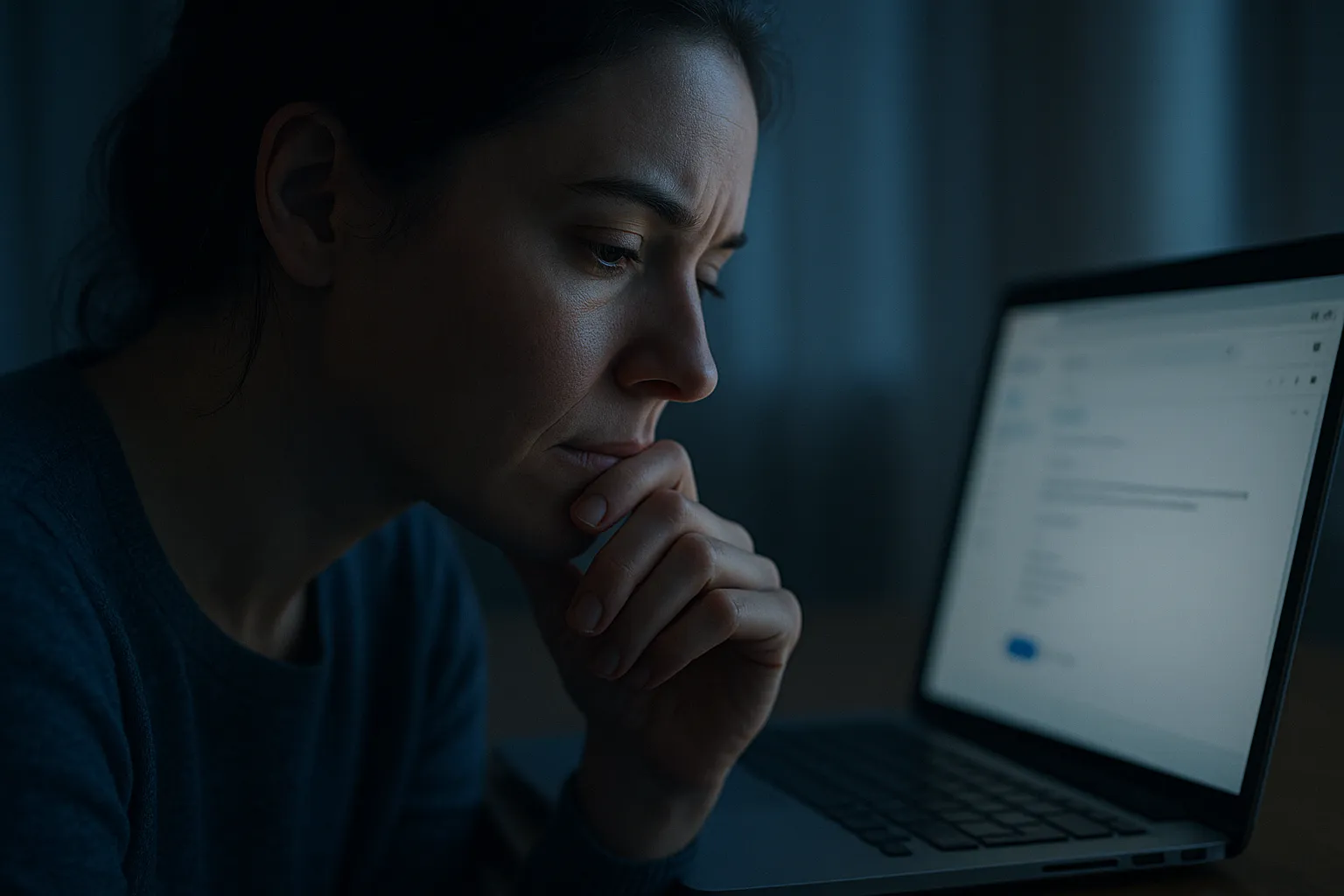 A thoughtful person reading an email on a laptop in a softly lit room with the screen glow on their face