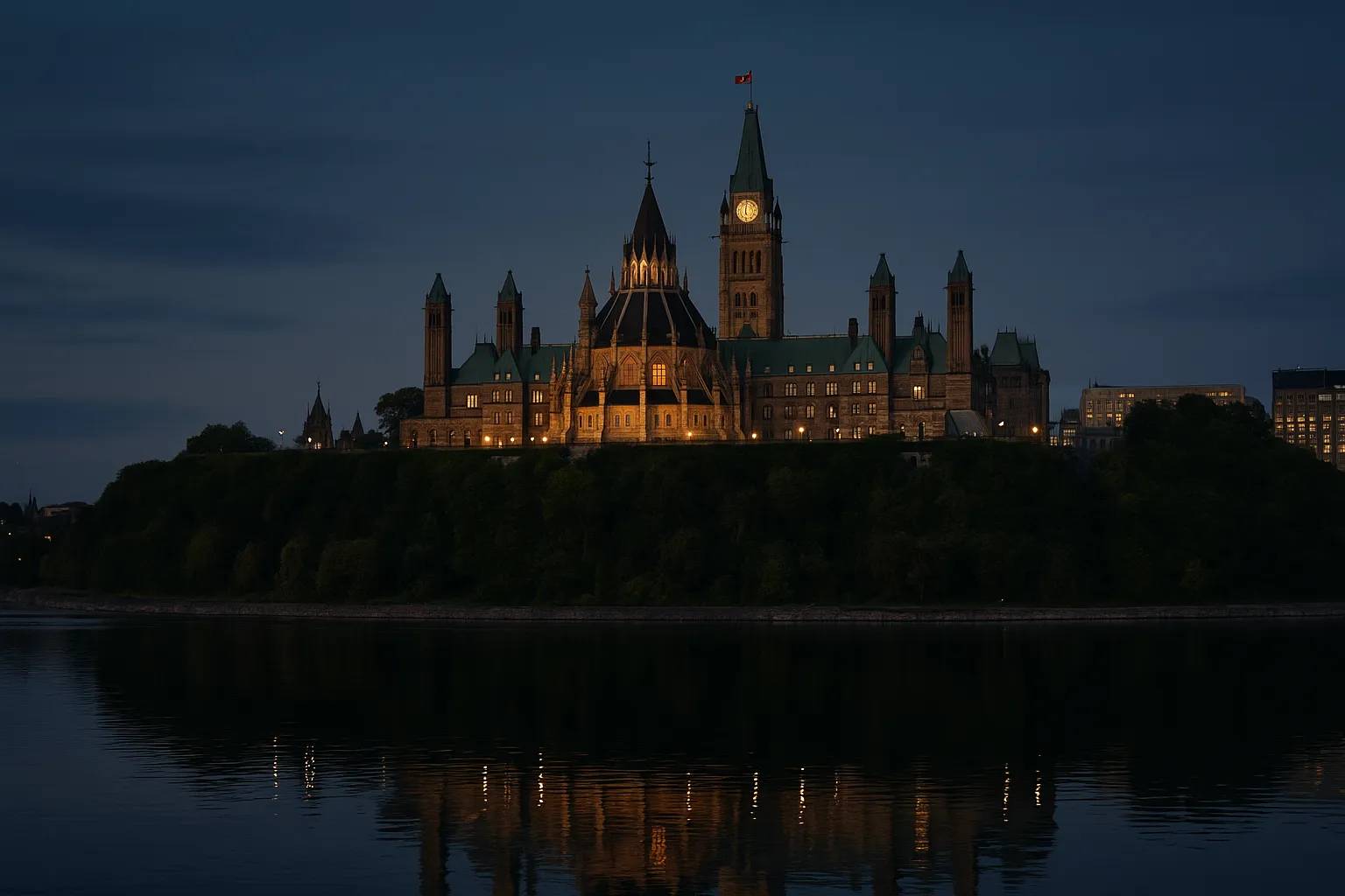 The Parliament of Canada building in Ottawa reflected in calm water at dusk, with warm lighting and subtle indigo tones representing privacy legislation and data protection