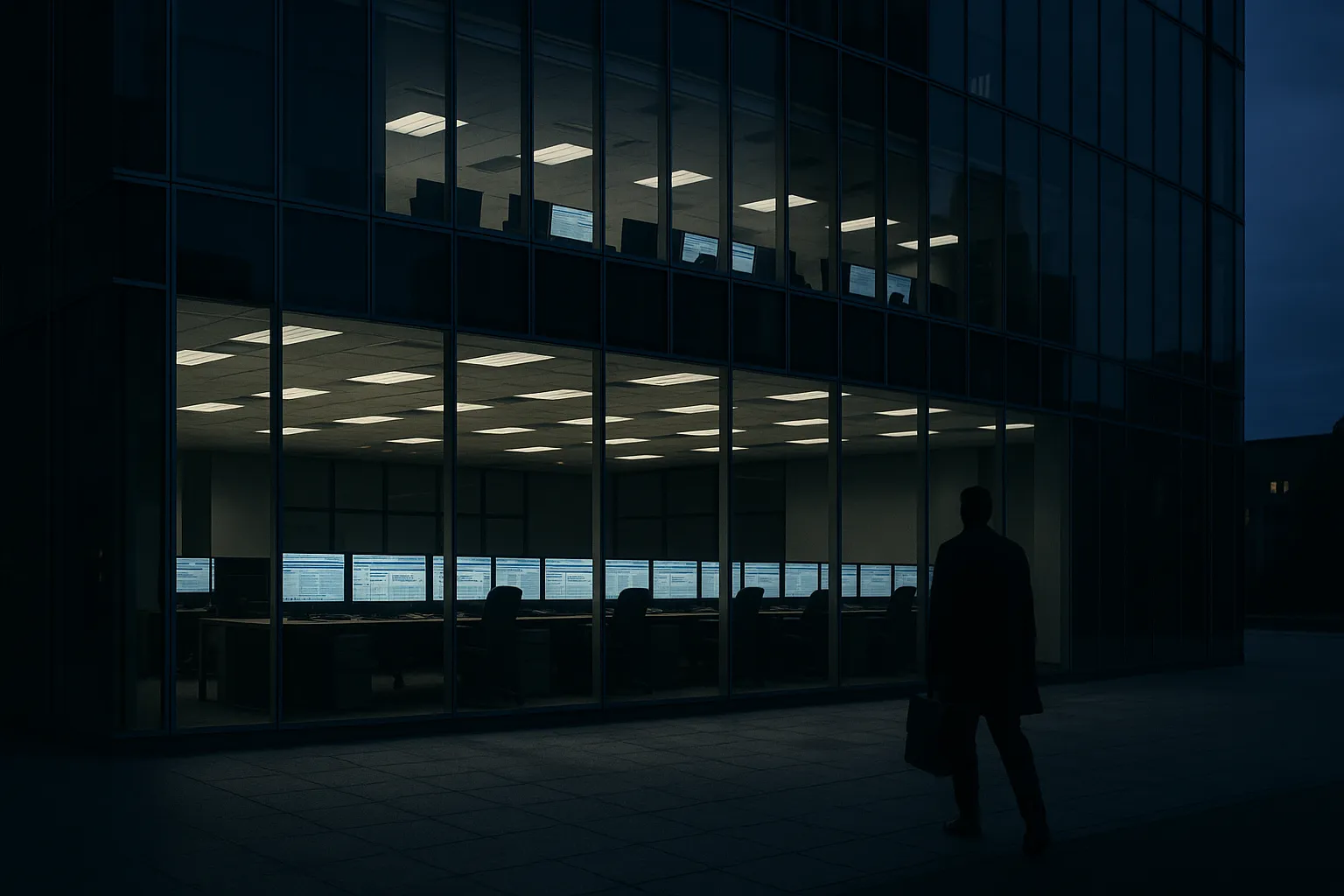 A modern office building at dusk with illuminated screens visible through windows, representing the Canada Life data breach