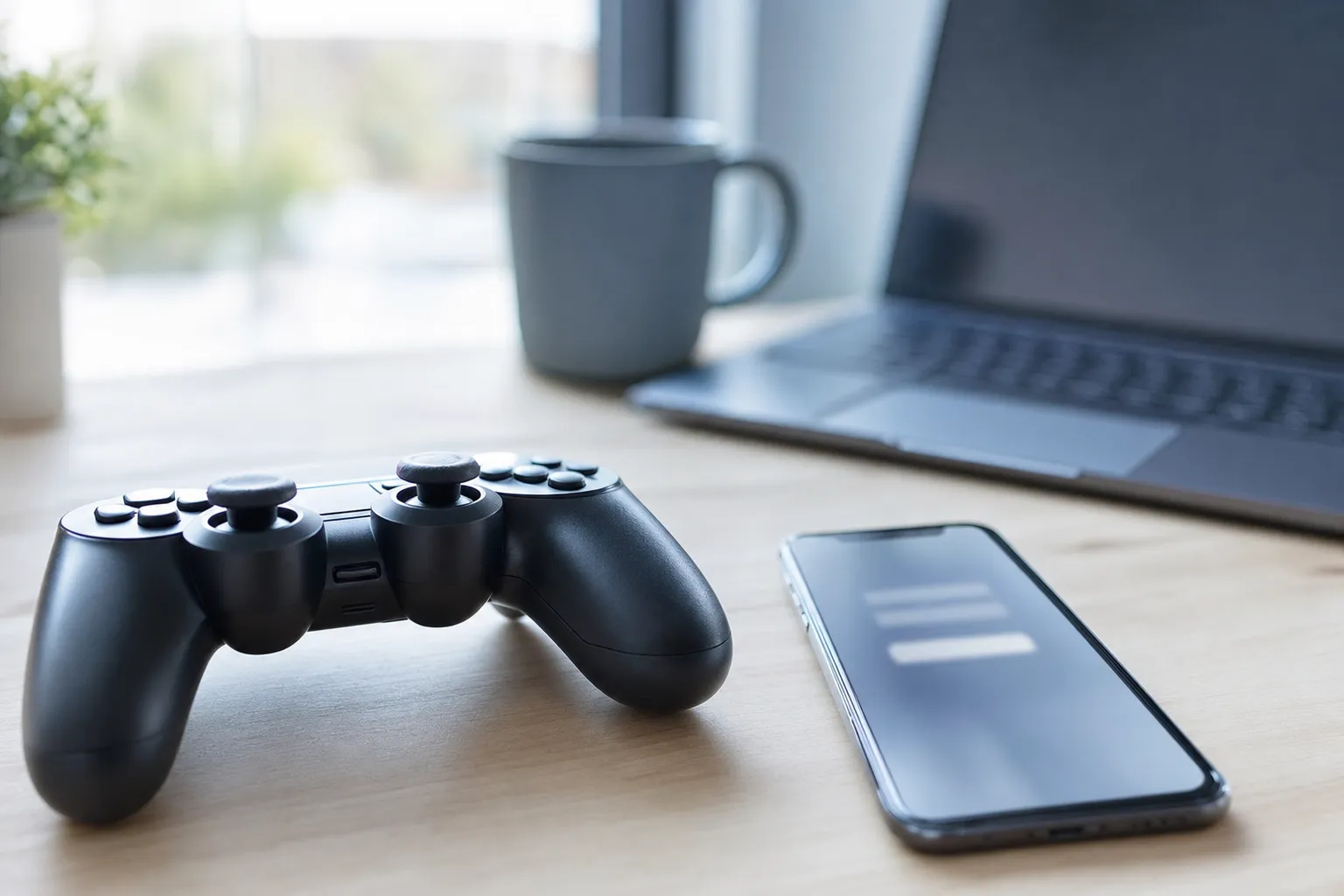 A game controller and a smartphone with a blurred login screen on a sunlit wooden desk
