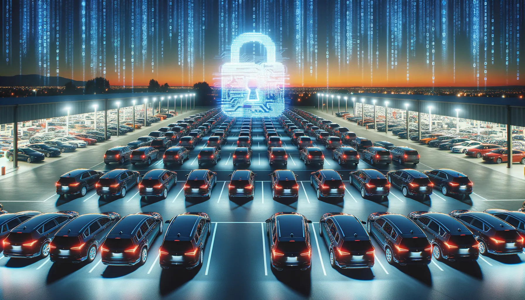 A car dealership lot at dusk with digital data streams and padlock overlay suggesting a data breach