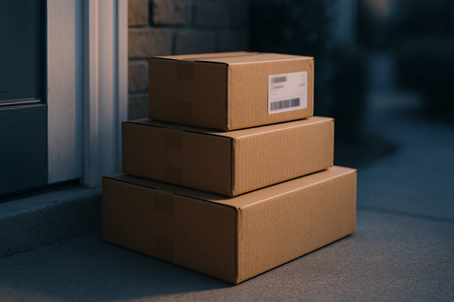 Unopened cardboard shipping parcels on a doorstep in early morning light with one shipping label blurred, illustrating retail order data exposed in the Carhartt breach