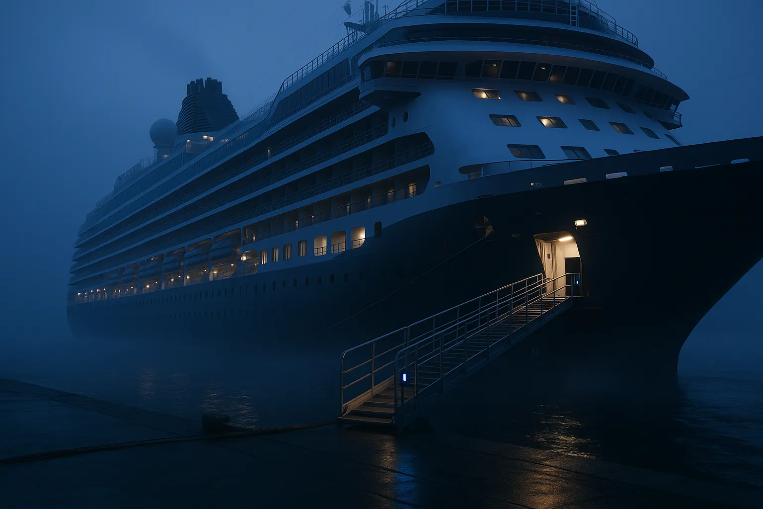 A large cruise ship docked at port at twilight with an empty illuminated gangway, soft fog drifting across the water in indigo and blue tones