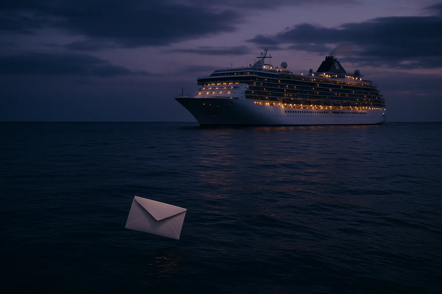 Cruise ship at dusk in calm dark blue ocean water with a single floating envelope in the foreground