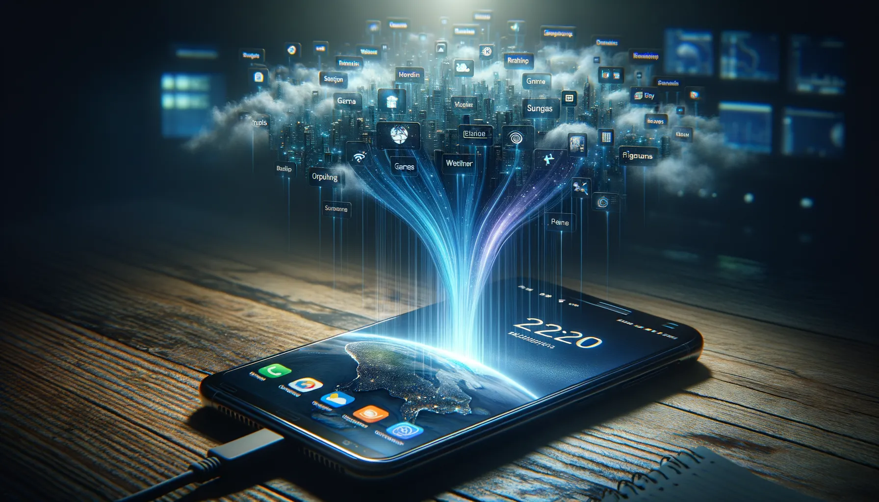 A smartphone displaying various everyday apps with location data streams flowing from the device toward surveillance monitoring screens