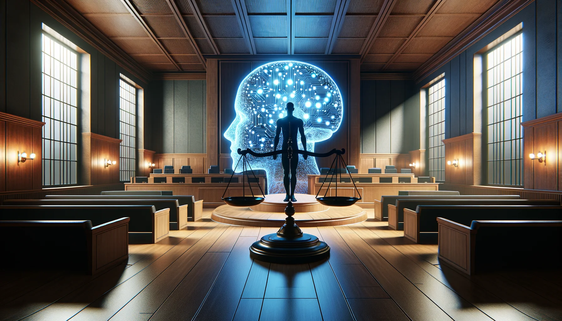 Balance scale with human figure on one side and AI circuit patterns on the other representing algorithmic accountability