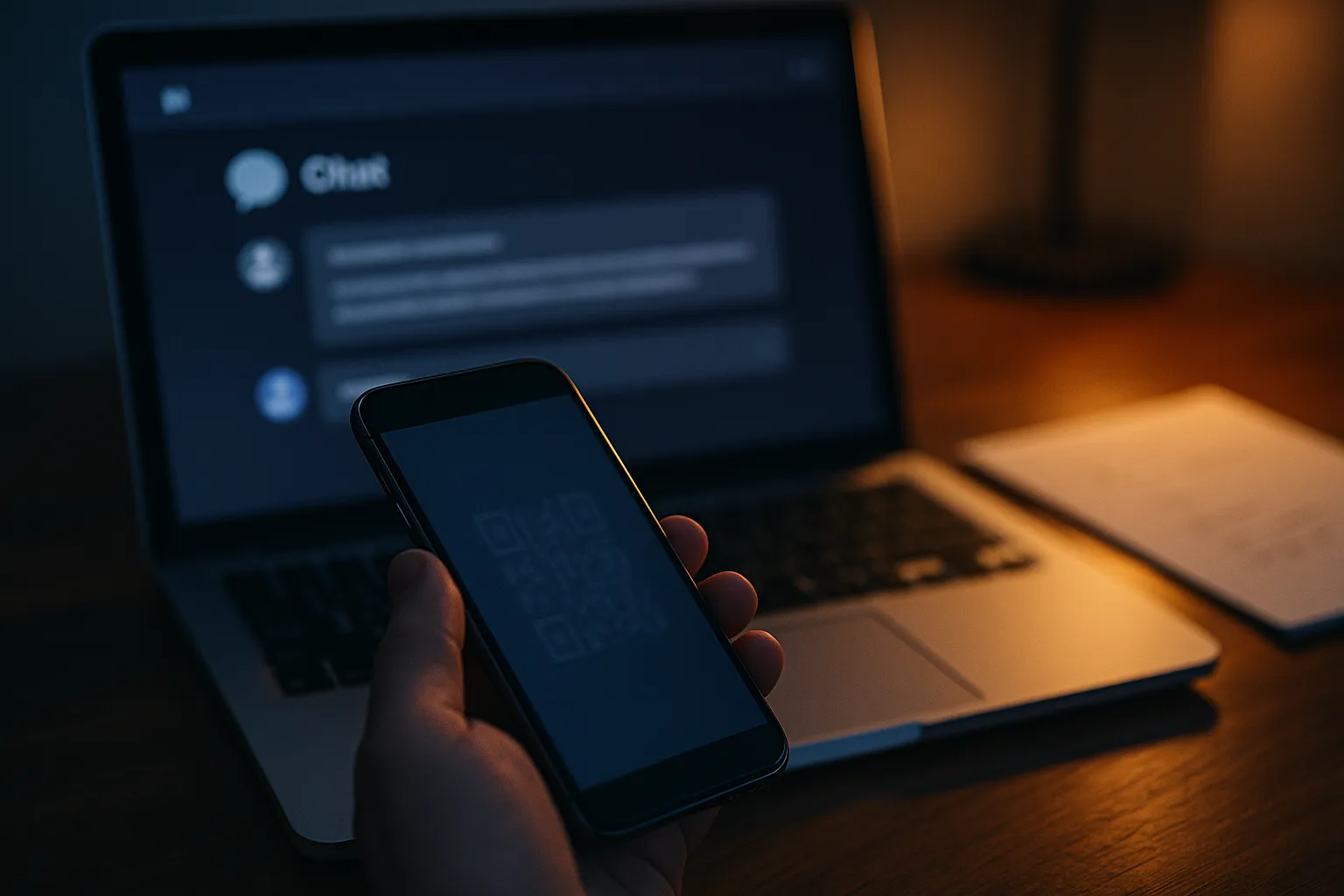 A laptop screen showing a blurred chat interface with a hand holding a smartphone in the foreground, indigo and blue tones, warm desk lamp light